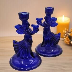 Vintage Cobalt Blue Glass Angel Candlestick Holders Musical Angel Harp Figurines